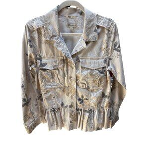 Democracy Floral Peplum Hem Utility Top Small Button Up Long Sleeve Cottage